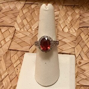 Elegant red garnet diamond accent 14k white gold ring